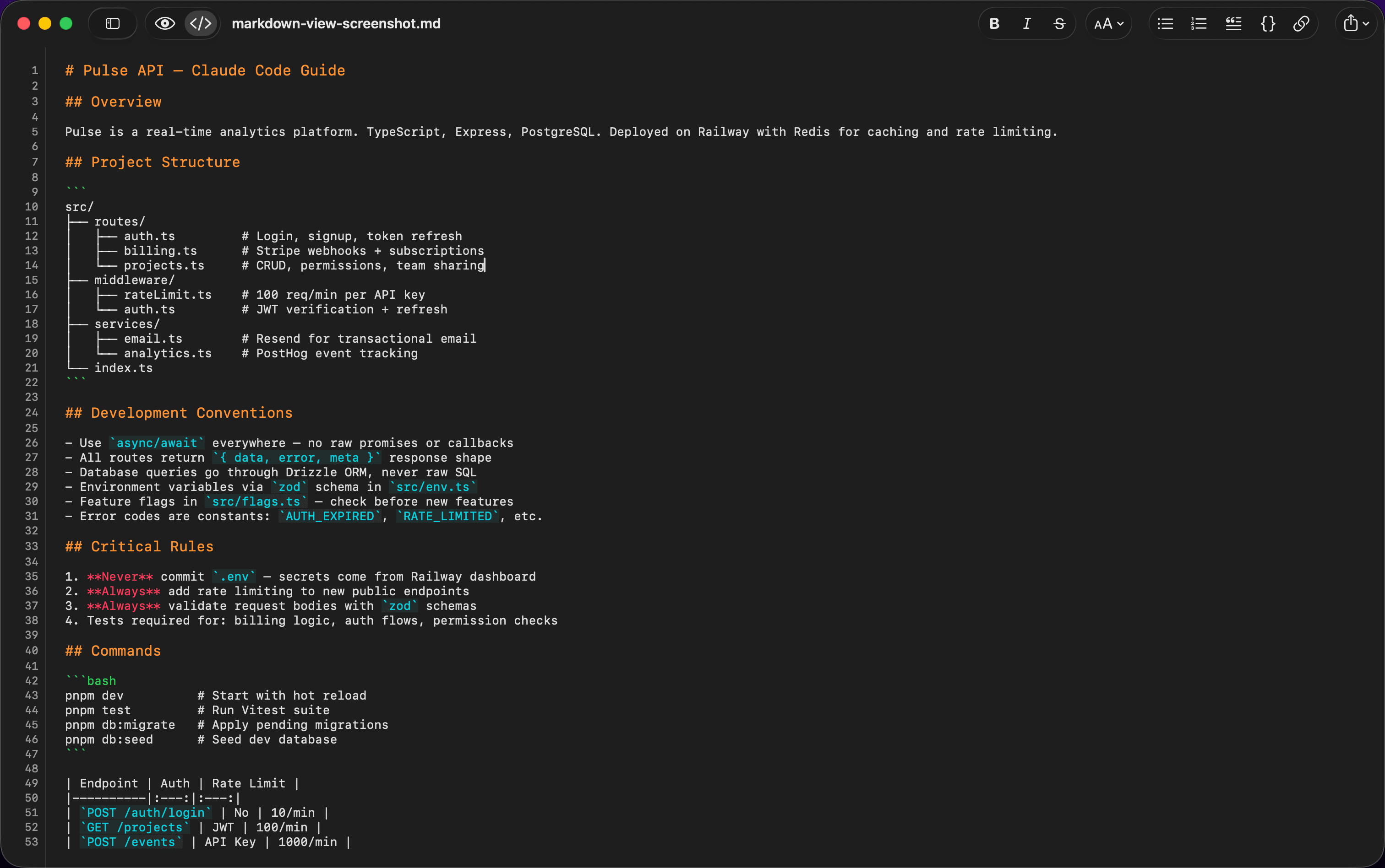 OpenMark Markdown view showing syntax-highlighted CLAUDE.md file with code blocks and file tree