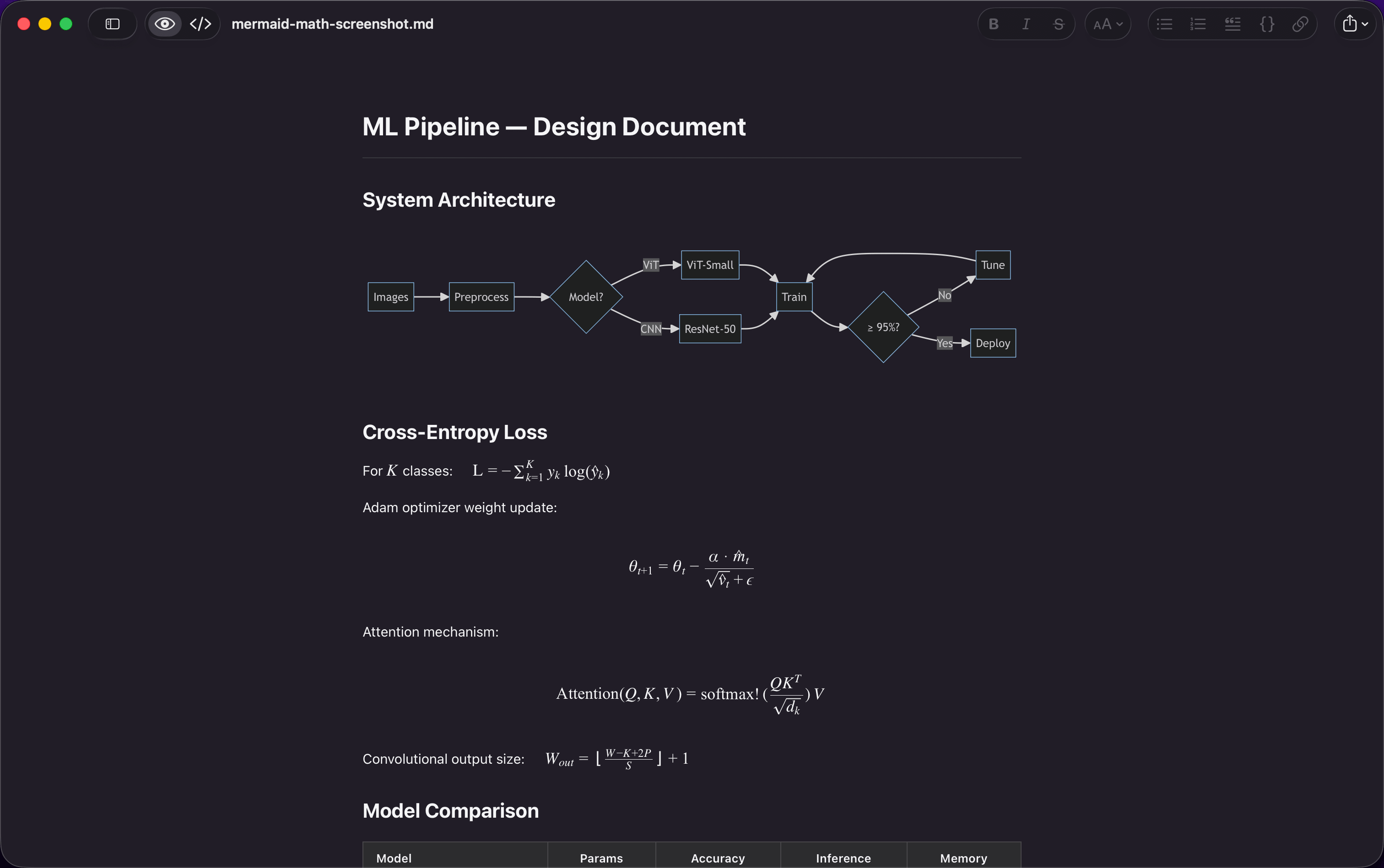 OpenMark rendering Mermaid flowchart diagrams and LaTeX math equations inline